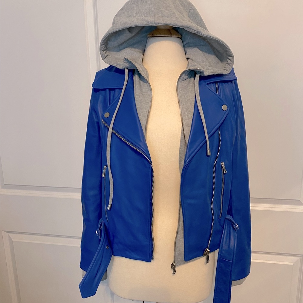 Aqua royal blue leather jacket w/ detachable grey hoodie & silver hardware small